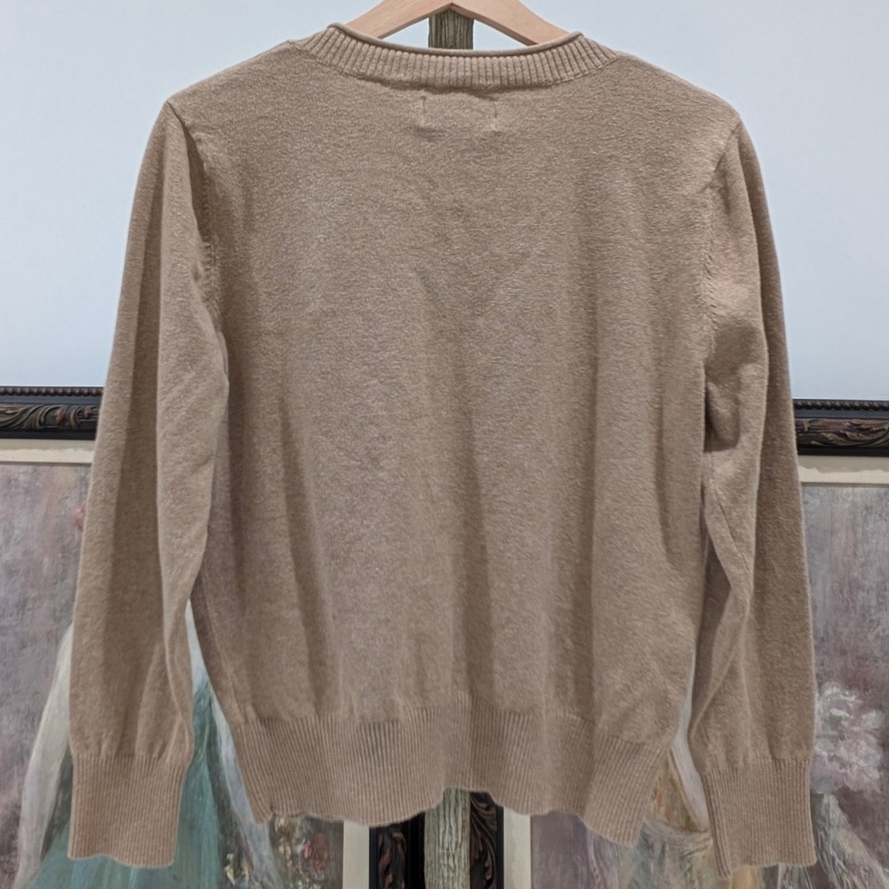 Khaki Minimalist Preppy Basic V Neck Long Sleeve Sweater Ribbed Waist Large - Picture 5 of 10